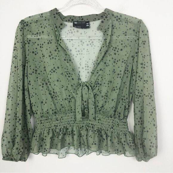 ASOS | Star Print Sheer Green Blouse Tie Front Ruffle Bottom Women’s Size 8 - Picture 3 of 10